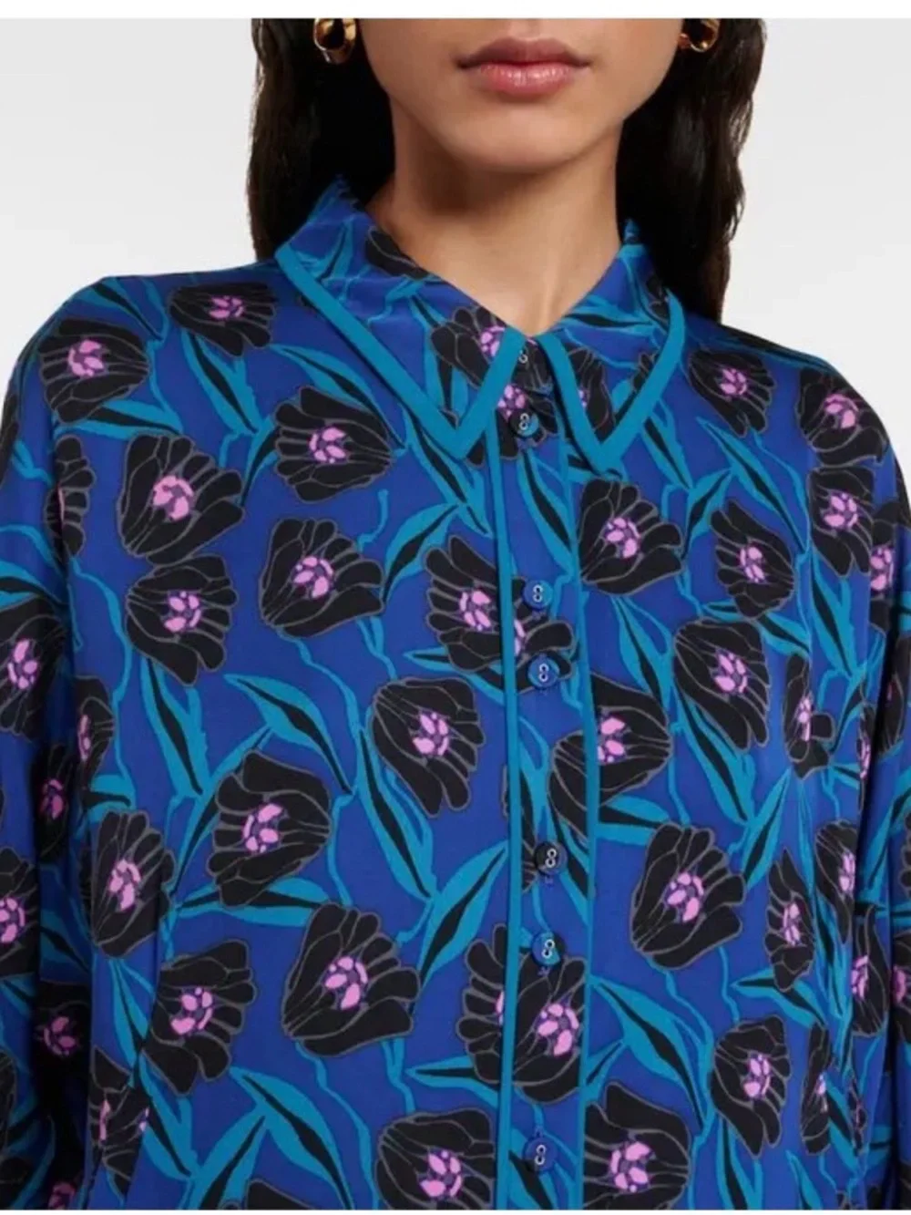 Diane von Furstenberg Alona blouse button down shirt sz M floral blue